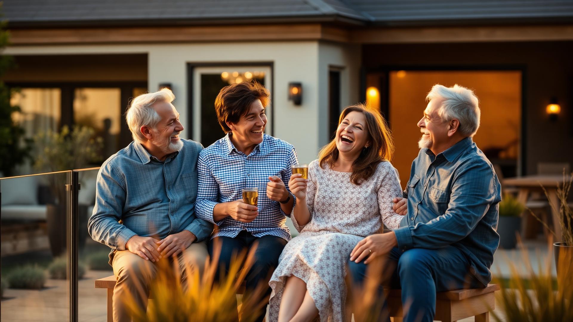 A family enjoying their finished home at golden hour