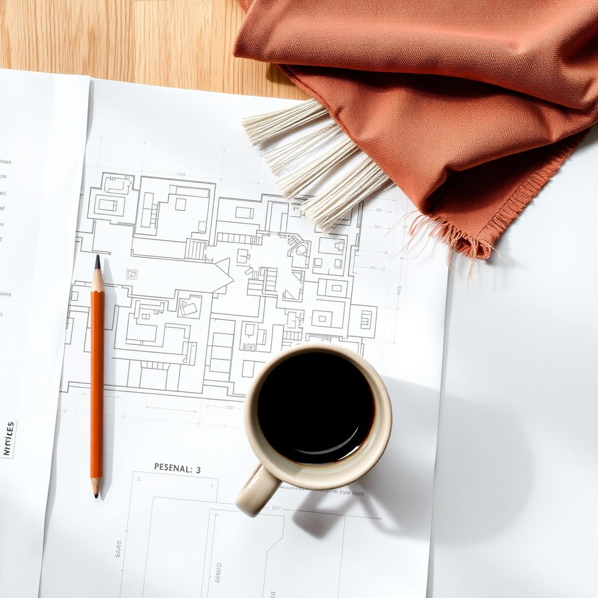 Architectural plans on a warm oak table